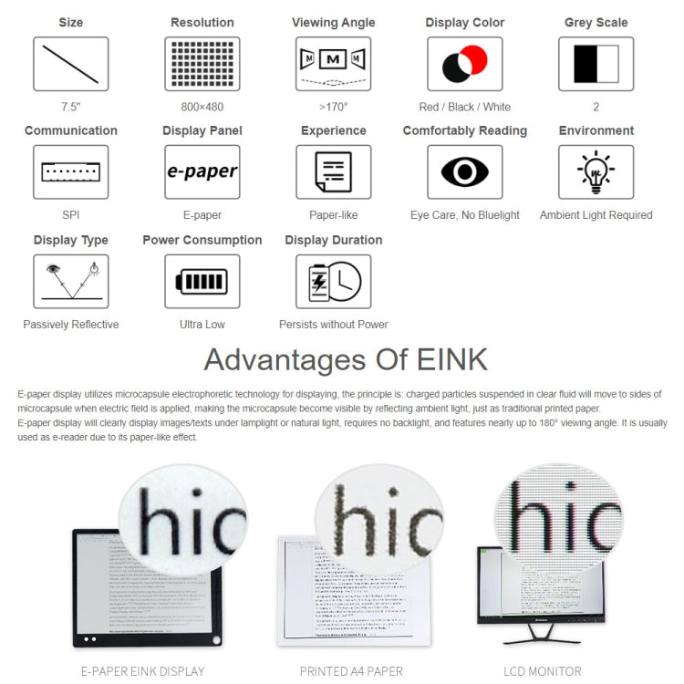 Waveshare 7.5 inch 800x480 Pixel Red Black White E-Paper E-Ink Display Module (B) for Raspberry Pi Pico, SPI Interface, 20129