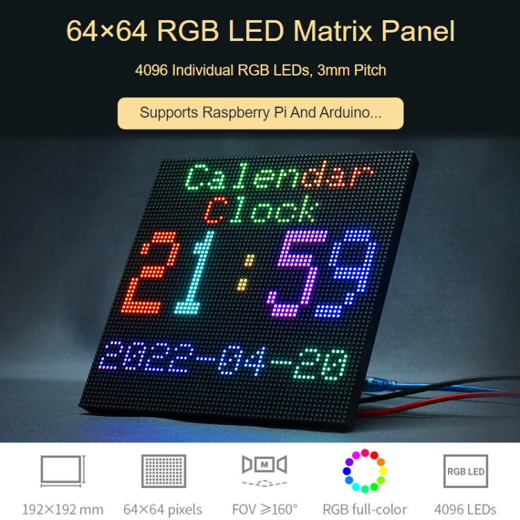 Waveshare RGB Full-Color LED Matrix Panel, 3mm Pitch, 64 x 64 Pixels, Adjustable Brightness, 22100