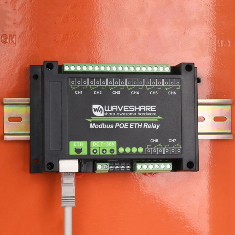 Waveshare 24964 Industrial 8-ch Ethernet Relay Module, PoE Port Communication, 24964