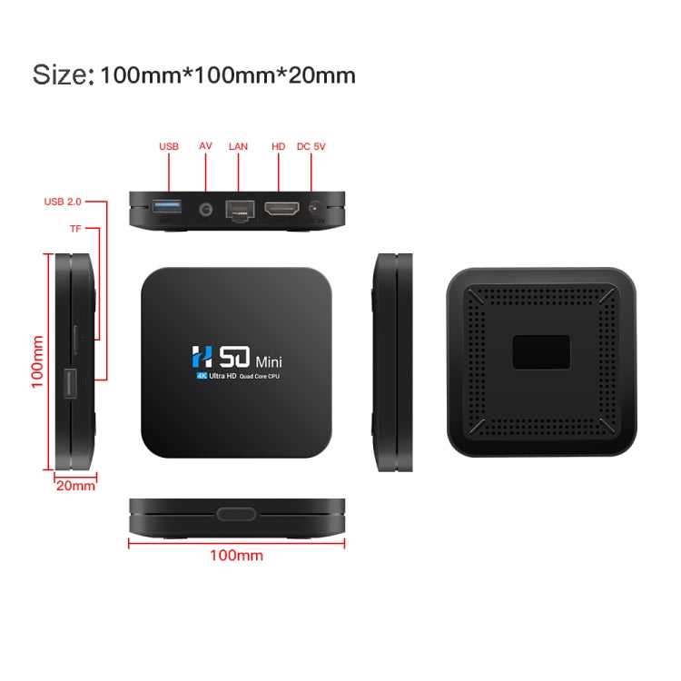 H50 Mini 4K Smart Network TV Box, Android 10.0, RK3318 Quad Core, 2GB+16GB, EU Plug, 2GB+16GB