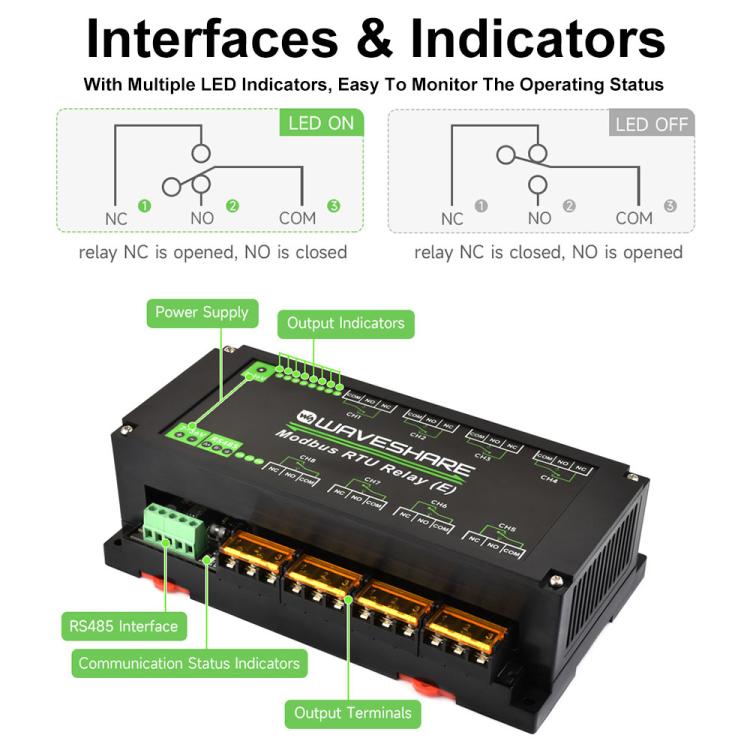 Waveshare Modbus RTU Protocol Rail-Mounted Case 8-Way RS485 30A High-Current Relay Module, 30459