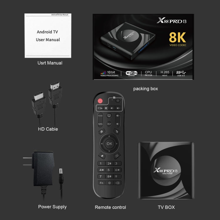 X88 Pro 13 Android 13.0 Smart TV Box with Remote Control, RK3528 Quad-Core, 4G+64GB, 4G+64GB