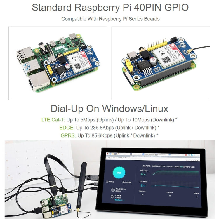 Waveshare Multi Band 2G GSM / GPRS LBS A7670E LTE Cat-1 HAT for Raspberry Pi, for Europe, Southeast Asia, West Asia, Africa, China, South Kor, A7670E LTE Cat-1 HAT