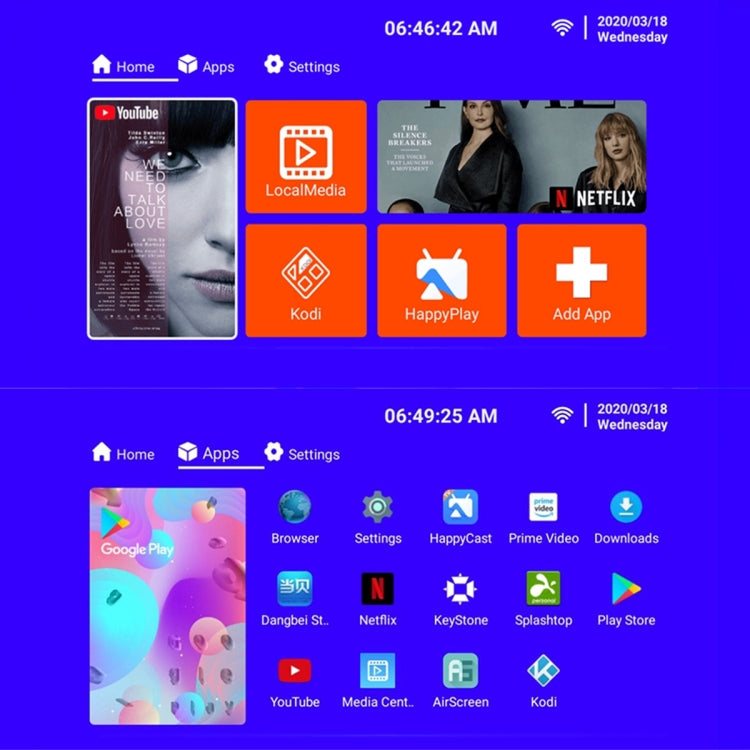 T6 2000ANSI Lumens Mini Theater Projector, Android 7.1 RK3128 Quad Core, 1GB+8GB, EU Plug, Android Version EU Plug