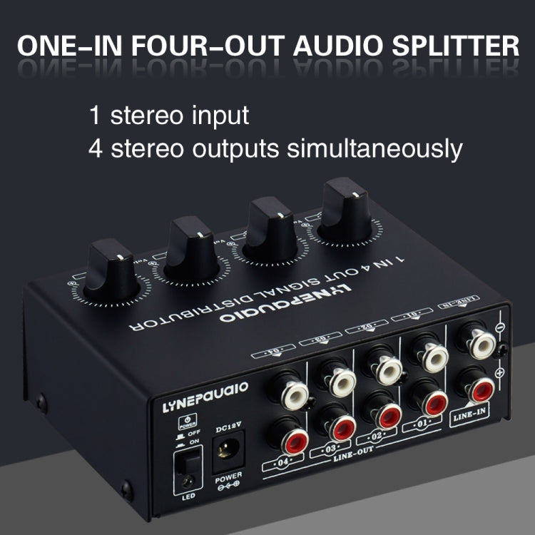1-In 4-Out Front Stereo Signal Amplifier, Independent Output Volume Adjustment RCA Interface No Loss Allocator, US Plug, B029