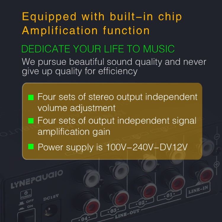 1-In 4-Out Front Stereo Signal Amplifier, Independent Output Volume Adjustment RCA Interface No Loss Allocator, US Plug, B029
