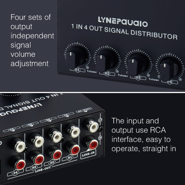 1-In 4-Out Front Stereo Signal Amplifier, Independent Output Volume Adjustment RCA Interface No Loss Allocator, US Plug, B029