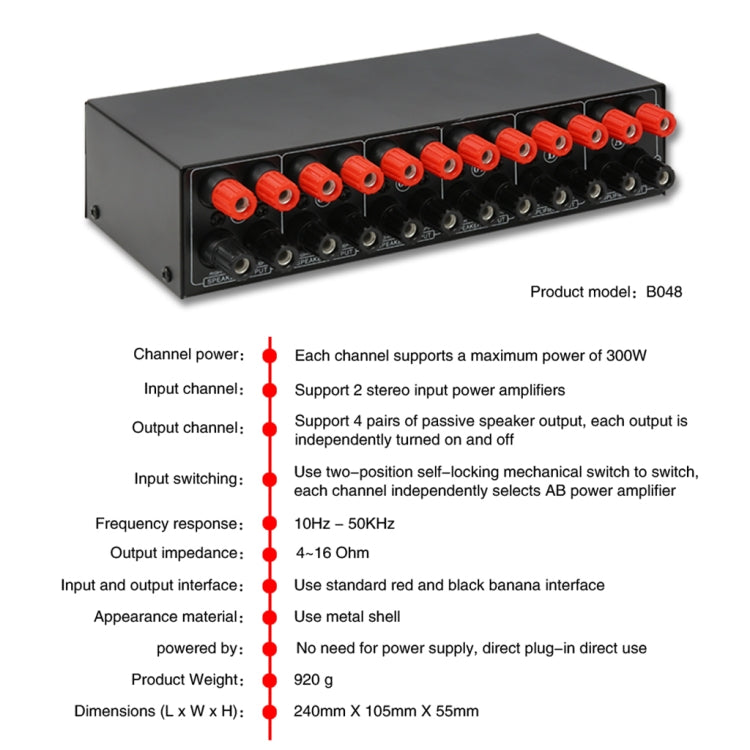 2-in 4-out Power Amplifier Speaker Switcher Splitter Comparator 300W Per Channel Without Loss Of Sound Quality, B048