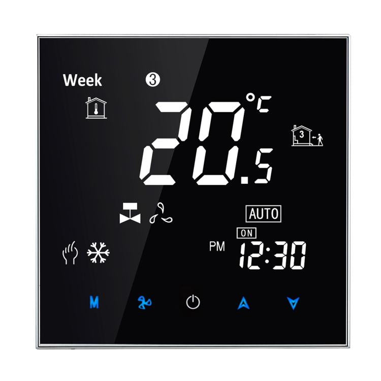 BAC-2000 Central Air Conditioning Type Touch LCD Digital 2-pipe Fan Coil Unit Room Thermostat, Display Fan Speed / Clock / Temperature / Time / Week / Heat etc., BAC-2000 (White), BAC-2000 (Black) BAC-2000 (Black) Black