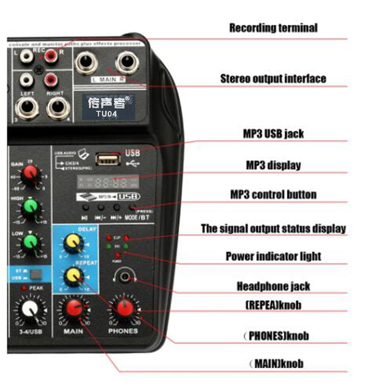 TU04 BT Sound Mixing Console Record 48V Phantom Power Monitor AUX Paths Plus Effects 4 Channels Audio Mixer with USB