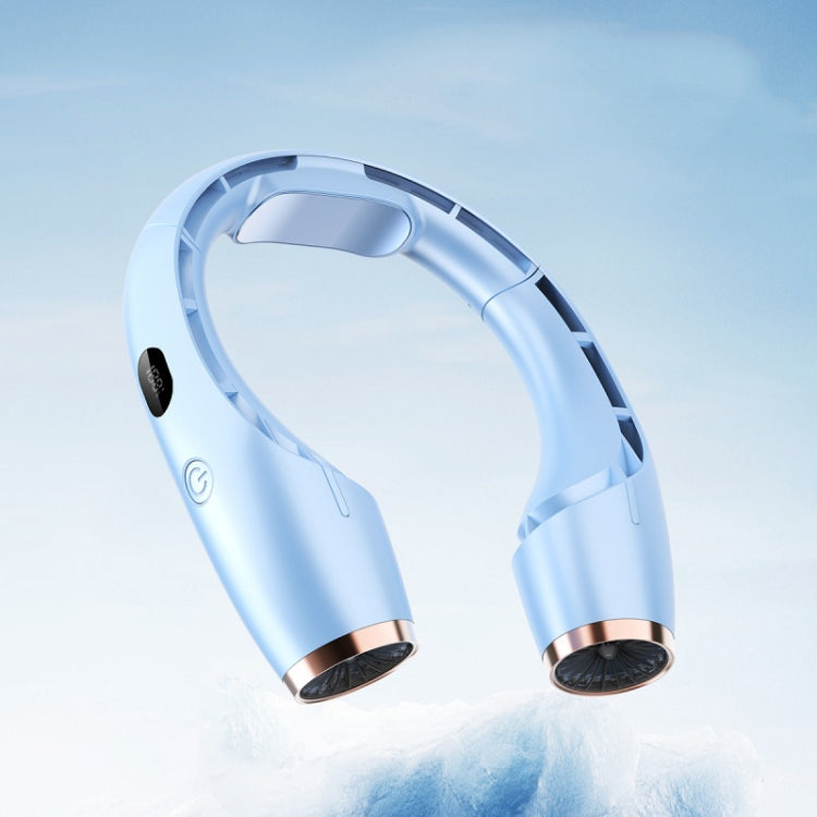 USB Charging Big Wind Cooling Leafless Hanging Neck Fan Blue