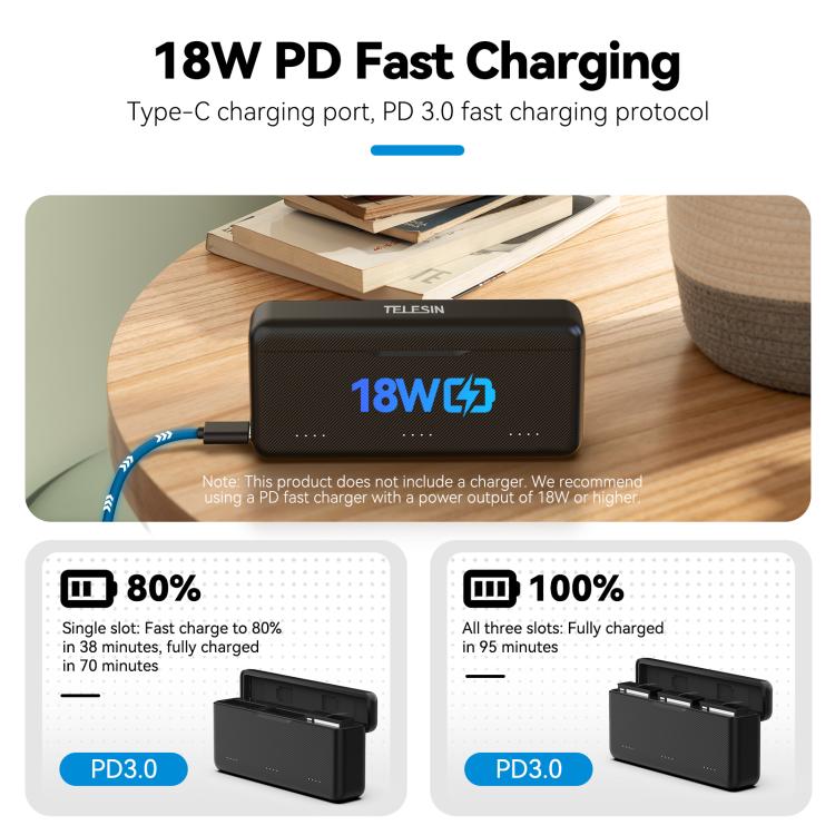 TELESIN Fast Charging Case For DJI Osmo Action 6 / 360 / 5 Pro 3-Slot Battery Storage Box