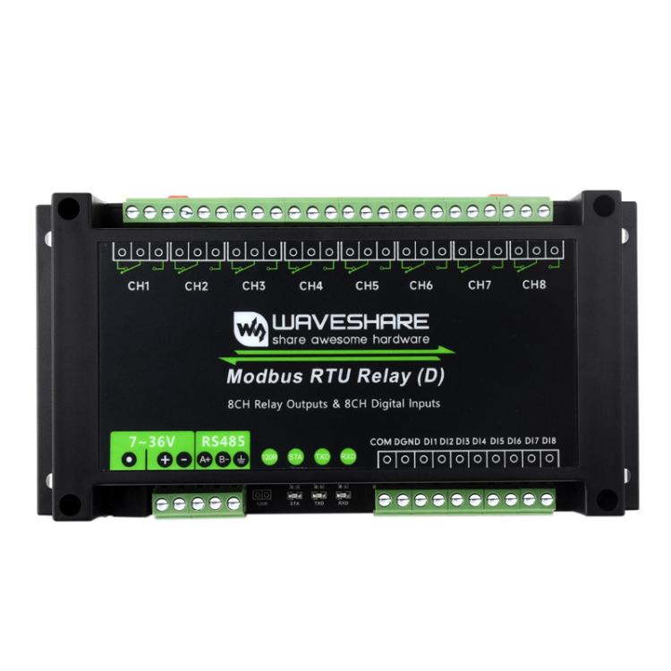 Waveshare Modbus RTU 8-Channel RS485 Relay Module With Digital Input Multi Isolation Protection Circuits, 7~36V Power Supply Default Title