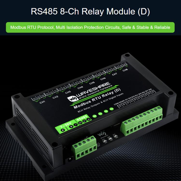 Waveshare Modbus RTU 8-Channel RS485 Relay Module With Digital Input Multi Isolation Protection Circuits, 7~36V Power Supply