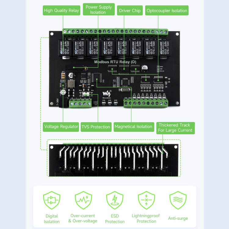 Waveshare Modbus RTU 8-Channel RS485 Relay Module With Digital Input Multi Isolation Protection Circuits, 7~36V Power Supply