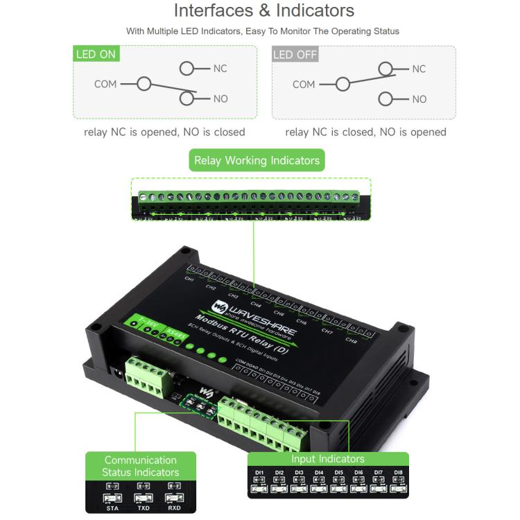 Waveshare Modbus RTU 8-Channel RS485 Relay Module With Digital Input Multi Isolation Protection Circuits, 7~36V Power Supply