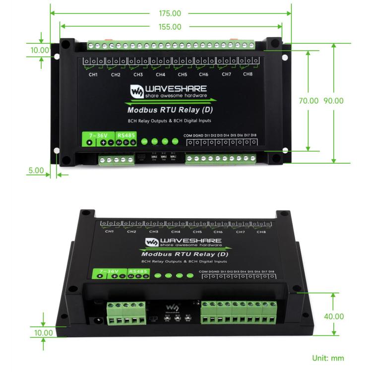 Waveshare Modbus RTU 8-Channel RS485 Relay Module With Digital Input Multi Isolation Protection Circuits, 7~36V Power Supply