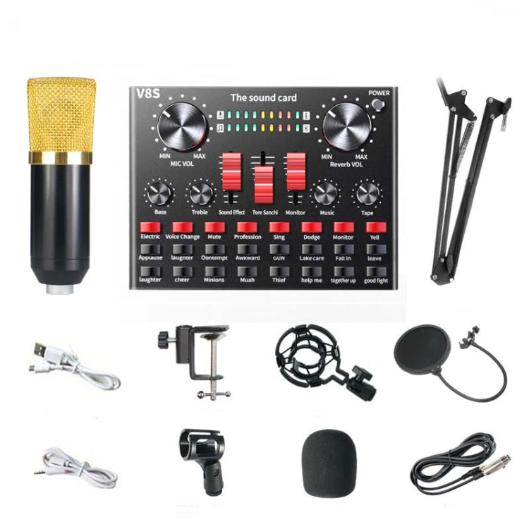 V8S Sound Card Mobile Phone Computer Anchor Live K Song Recording Microphone, English Version, V8S + Golden Net BM700 Set, V8S + Black Bet BM700 Set V8S + Golden Net BM700 Set