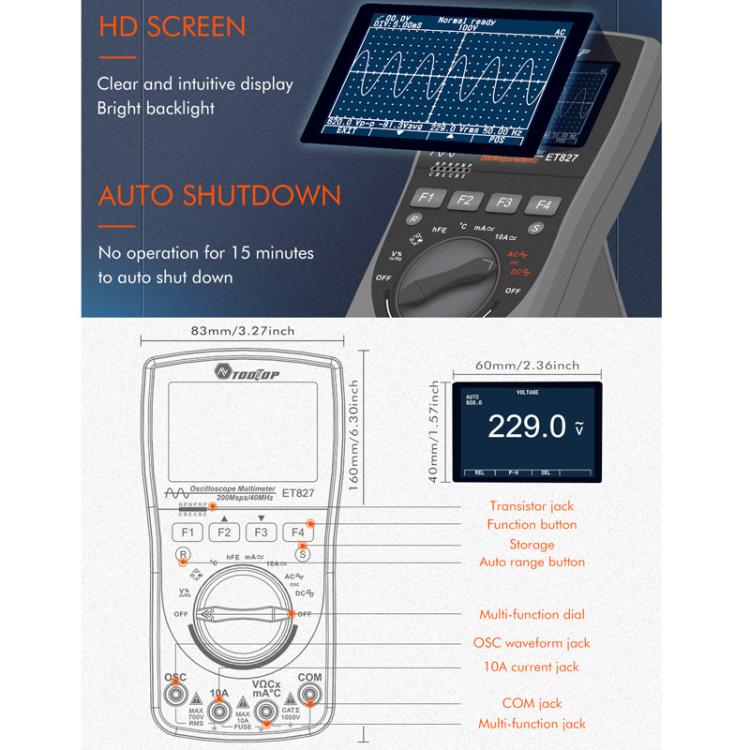 Oscilloscope Multimeter 200Msps Sampling Rate 40MHz Oscilloscope + Multimeter 2 In 1, ET827