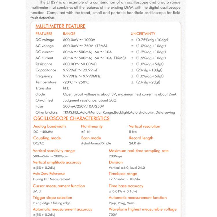 Oscilloscope Multimeter 200Msps Sampling Rate 40MHz Oscilloscope + Multimeter 2 In 1, ET827