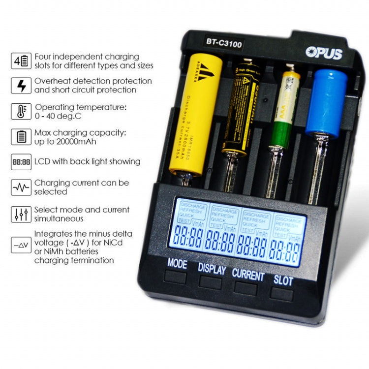 OPUS BT-C3100 Smart Smart Digital Intelligent 4-Slot Battery Charger, EU Plug, US Plug, UK Plug