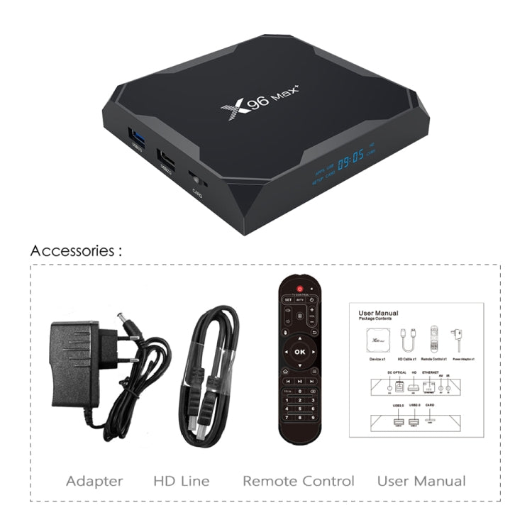 X96 max+ 4K Smart TV Box with Remote Control, Android 9.0, Amlogic S905X3 Quad-Core Cortex-A55,2GB+16GB, Support LAN, AV, 2.4G/5G WiFi, USBx2,TF Card,, EU Plug, US Plug, UK Plug, AU Plug