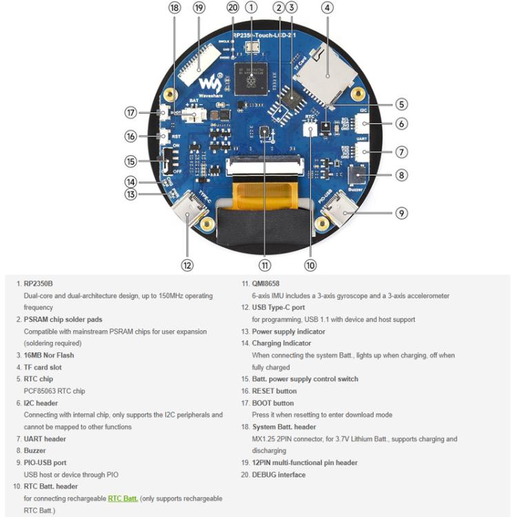 WAVESHARE RP2350 2.1 Inch Capacitive Touch Round Display Development Board, Flat, 2.5D Curved