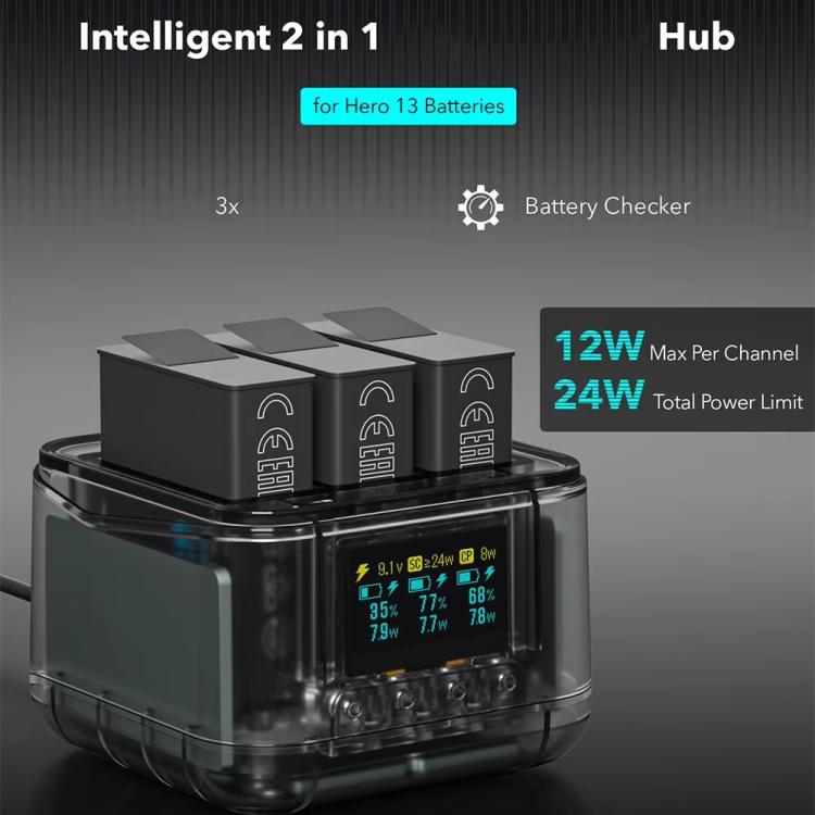 For GoPro HERO13 Black Triple Battery Charger Smart Charging Dock With OLED Display, For GoPro HERO13 Black