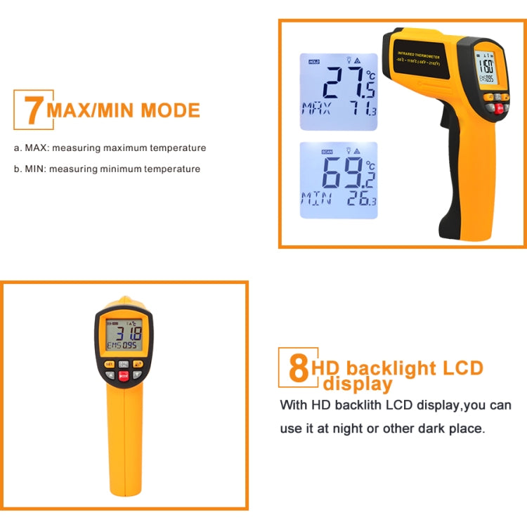 GM1150A 50:1 Infrared Thermometer -18~1150 Degrees Celsius LCD Digital Temperature Meter Industrial Pyrometer 0.1~1EM Adjustable, GM1150A Yellow