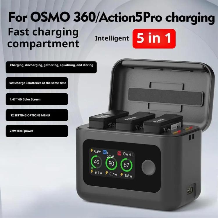 With Screen Charging Bin Intelligent Charge Manager For DJI Osmo 360 / Action 5 Pro / Action 4 / Action 3, Battery Not Included, RCSTQ 5 In 1