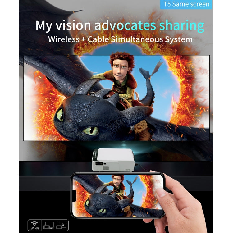 T5 100ANSI Lumens 1024x600 Resolution LED+LCD Technology Smart Projector, Support HDMI / SD Card / 2 x USB / Audio 3.5mm, Same Screen Version, Same Screen Version