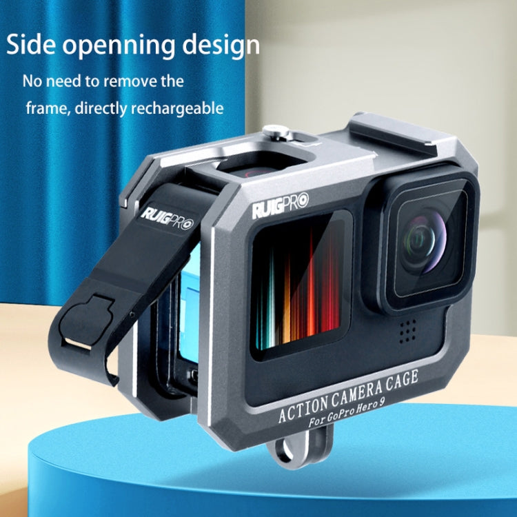 RUIGPRO for GoPro HERO10 Black / HERO9 Black Metal Border Frame Mount Protective Cage with Dual Cold Shoes Base, Silver Grey