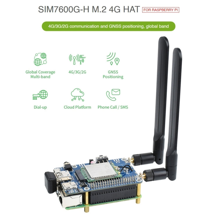 Waveshare SIM7600G-H M.2 4G HAT LTE CAT4 High Speed GNSS Global Band Module for Raspberry Pi, SIM7600G-H M.2 4G HAT