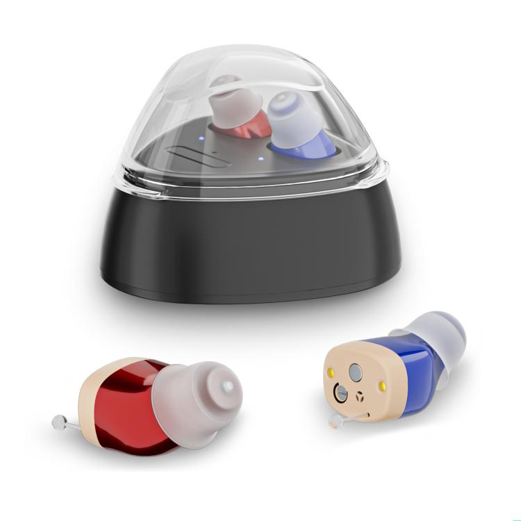 Ultra-Compact In-Ear Invisible Hearing Amplifier With Charging Case For Elderly Red Blue+Black Case