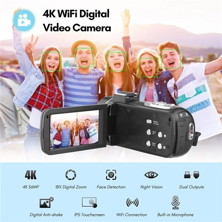4K Digital Video Camera 3 Inch IPS Touch Screen 56MP 18X Digital Zoom WiFi Camcorder, Standard, Set 1, Set 2, Set 3