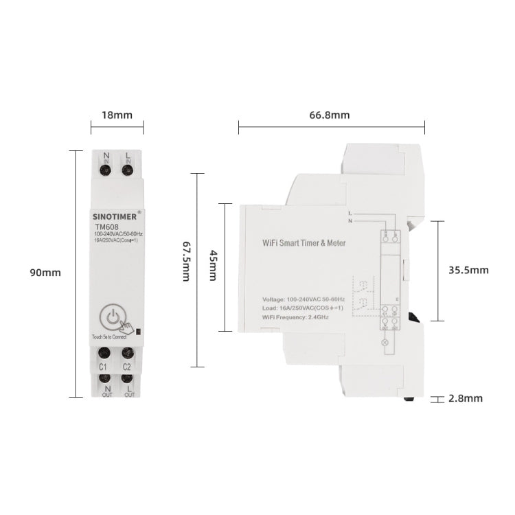 SINOTIMER TM608 Smart WiFi Single-Phase Power Meter Mobile App Home Rail Meter 16A 100-240V, TM608