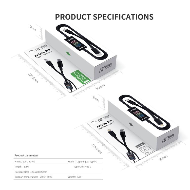 18 Kinds AV-Line Pro 1.2m Intelligent Detection Charging Data Cable, Type-C to 8 Pin, Type-C to Type-C