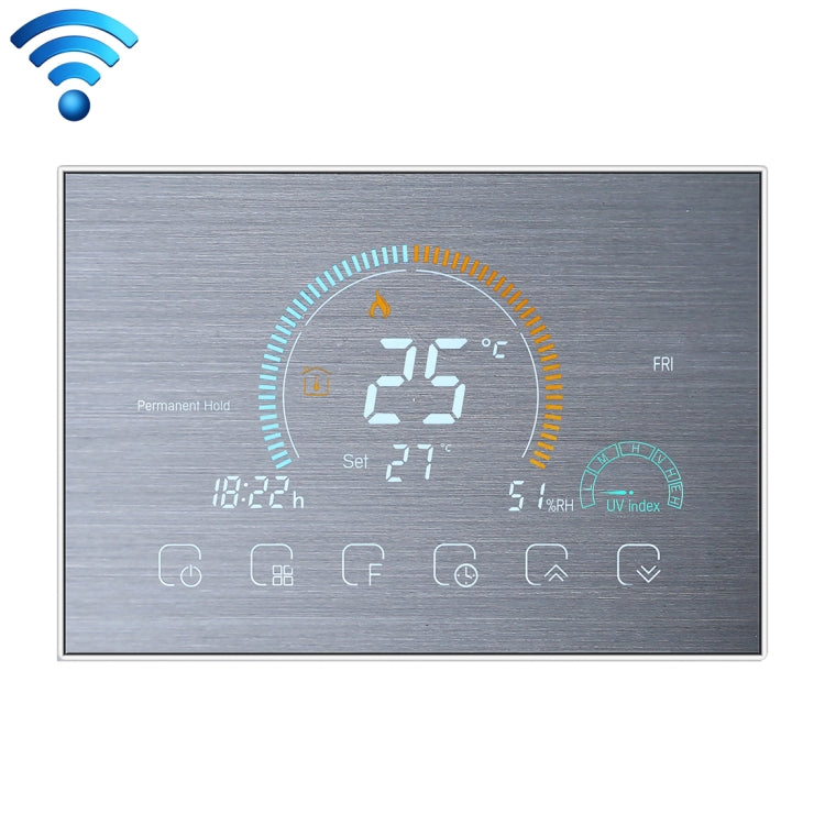 BHT-8000-GCLW-SS Brushed Stainless Steel Mirror Controlling Water/Gas Boiler Heating Energy-saving and Environmentally-friendly Smart Home Negative Display LCD Screen Round Room Thermostat with WiFi, with WiFi with WiFi