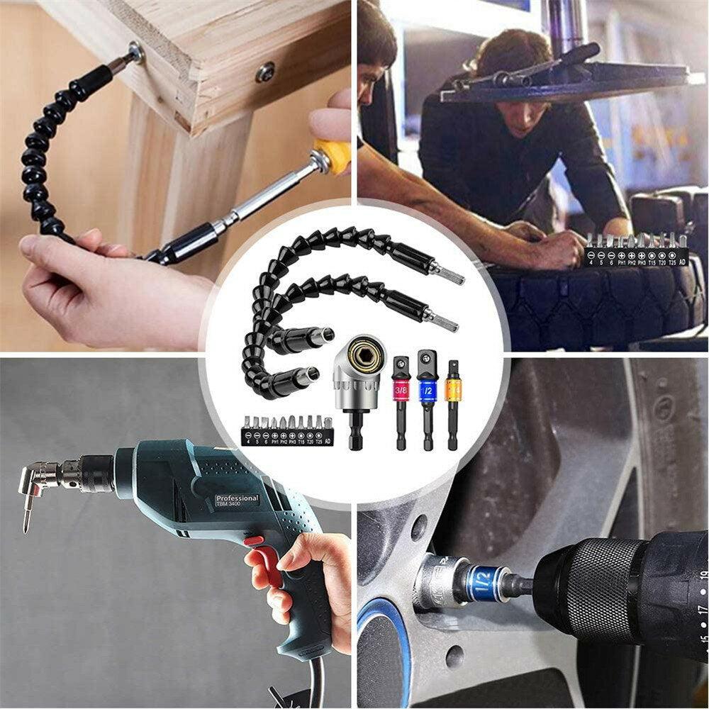 Drillpro 16Pcs/Set Flexible Drill Extension Hex Shank Drill Nut Driver Bit Set Bendable Drill Bit Extension+Universal Socket Adapter+Screwdriver Bit+Right Angle Drill Extension